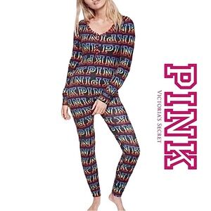 Victoria’s Secret Pink Rainbow Logo Pattern Onesie Pajamas Red Green Blue Purple